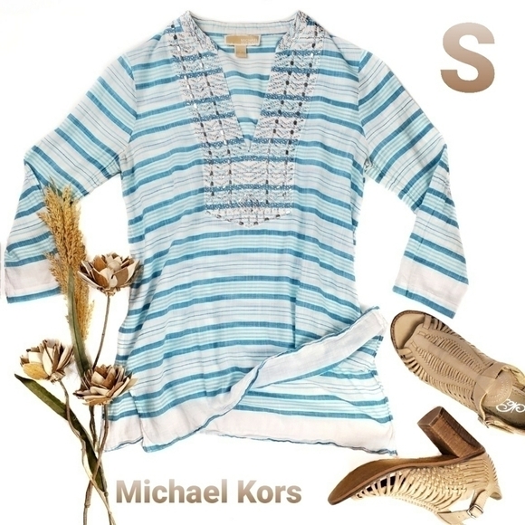Michael Kors Blue White Stripe Silver Top Small - Picture 1 of 9